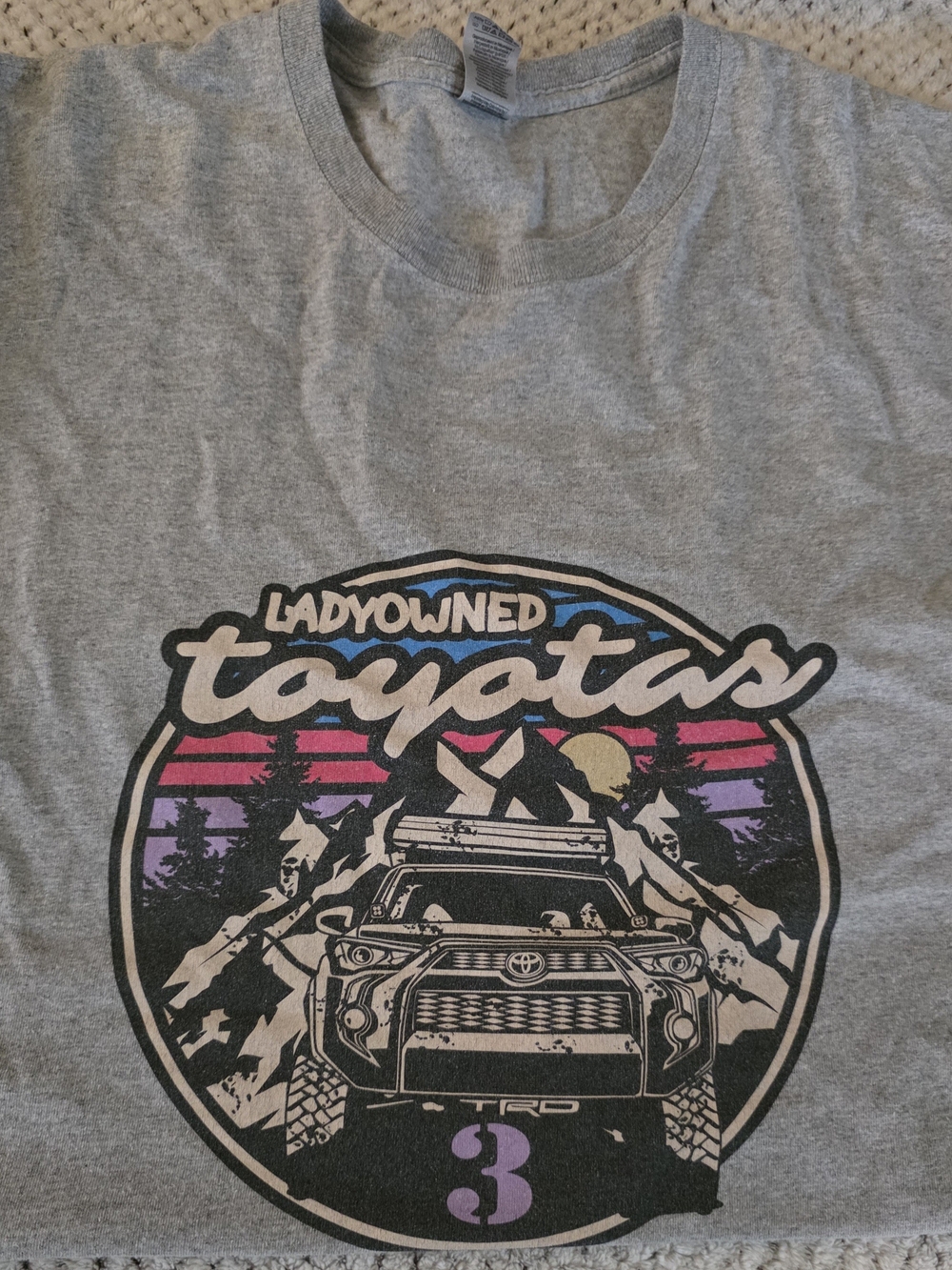 Gildan Heather Gray Tee with LOT Pink, Purple and Blue Retro Toyota Graphic